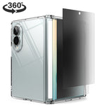 [Bundle] Galaxy Z Fold 8 | Fusion Flap + Privacy Protectors - A clear protective case for a foldable smartphone shown on a white background, with a dark tinted screen protector leaning against the right side of the case. A black '360°' graphic appears in the top-left corner.