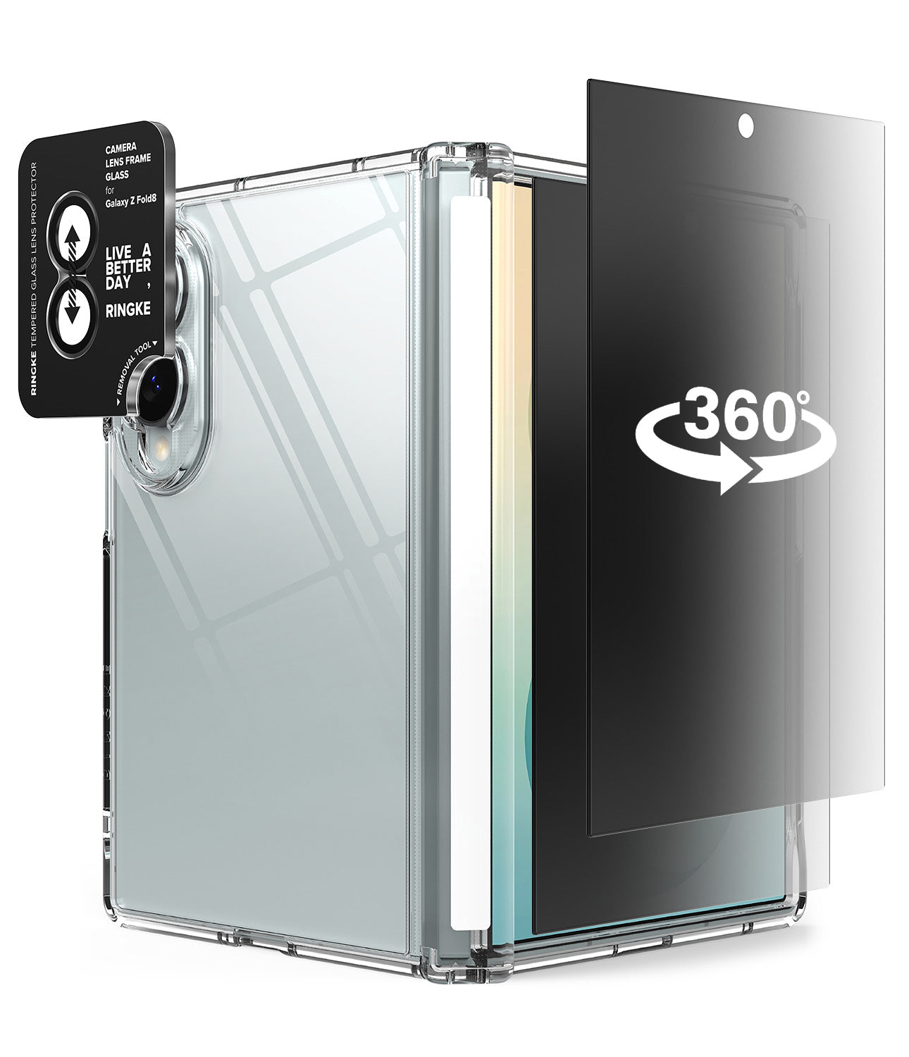 [Bundle] Galaxy Z Fold 8 | Fusion Flap + Privacy & Camera Protectors - A clear protective phone case with a black camera ring and a black 360-degree rotating screen protector shown partially covering the phone, on a white background.