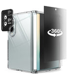 [Bundle] Galaxy Z Fold 8 | Fusion Flap + Privacy & Camera Protectors - A clear protective phone case with a black camera ring and a black 360-degree rotating screen protector shown partially covering the phone, on a white background.