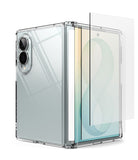 [Bundle] Galaxy Z Fold 8 | Fusion Flap + Screen Protector (2P) - A transparent protective case shown on a foldable smartphone, with a clear screen protector partially detached and floating beside it on a white background.