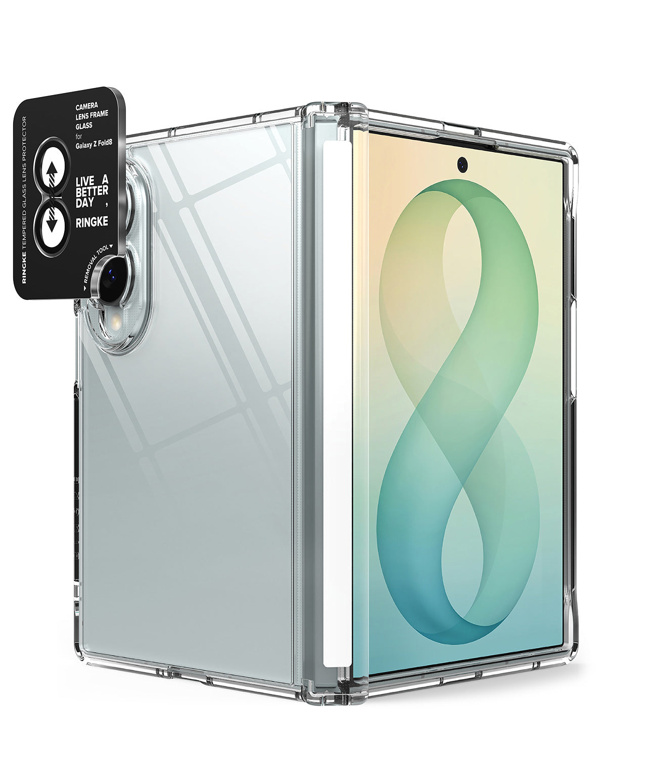 [Bundle] Galaxy Z Fold 8 | Fusion Flap + Camera Protector (2P) - A clear protective case for a foldable tablet, shown open with a black camera lens protector and a colorful screen displaying a green and blue infinity symbol. The case is transparent, allowing the tablet's design to show through, and is photographed on a clean white background.