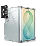 [Bundle] Galaxy Z Fold 8 | Fusion Flap + Camera Protector (2P) - A clear protective case for a foldable tablet, shown open with a black camera lens protector and a colorful screen displaying a green and blue infinity symbol. The case is transparent, allowing the tablet's design to show through, and is photographed on a clean white background.