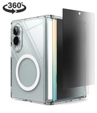 [Bundle] Galaxy Z Fold 8 | Fusion Flap Magnetic + Privacy Protectors - Transparent protective case for a foldable smartphone with a circular MagSafe ring, shown alongside a black screen protector and a 360-degree rotation graphic on a white background.