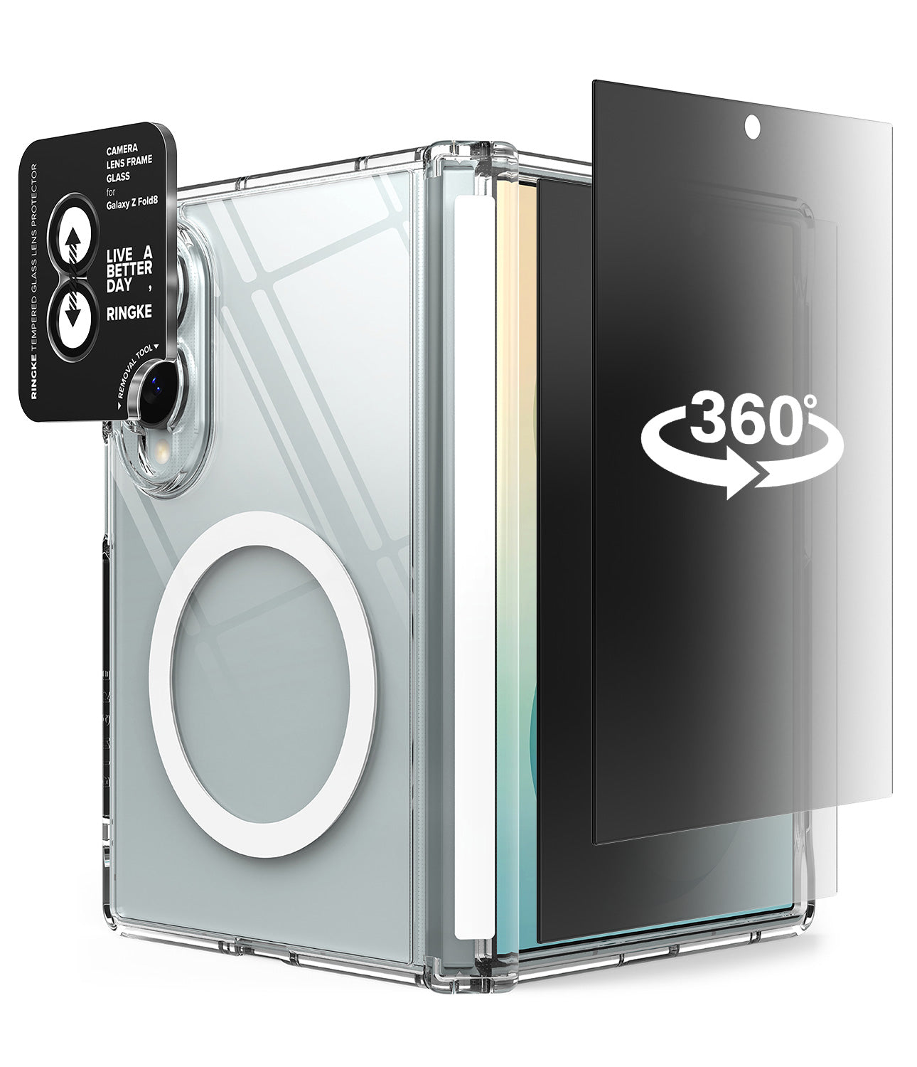 [Bundle] Galaxy Z Fold 8 | Fusion Flap Magnetic + Privacy & Camera Protectors - Clear protective phone case with a circular cutout and a black camera lens protector shown partially detached, featuring a 360-degree rotation graphic.