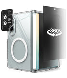 [Bundle] Galaxy Z Fold 8 | Fusion Flap Magnetic + Privacy & Camera Protectors - Clear protective phone case with a circular cutout and a black camera lens protector shown partially detached, featuring a 360-degree rotation graphic.