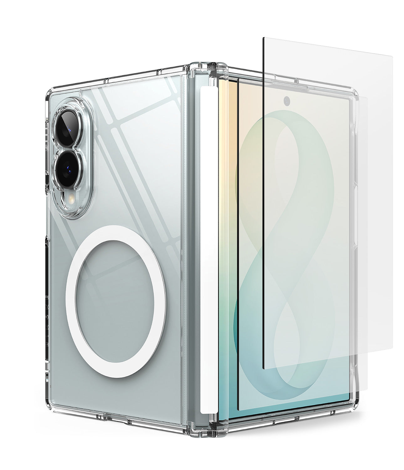 [Bundle] Galaxy Z Fold 8 | Fusion Flap Magnetic + Screen Protectors (2P) - A clear protective case for a foldable smartphone with a circular MagSafe-style ring on the back, shown open with a transparent screen protector leaning against the right side on a white background.