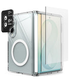 [Bundle] Galaxy Z Fold 8 | Fusion Magnetic + Screen / Camera Protectors (2P) - Clear protective case for a foldable smartphone with a transparent screen protector shown partially detached, alongside a black camera lens protector sticker on a white background.