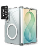 [Bundle] Galaxy Z Fold 8 | Fusion Flap Magnetic + Camera Protectors (2P) - A clear protective case for a foldable tablet, shown open with a tablet inside. The case has a circular MagSafe ring on the back, a black camera ring with white text reading 'LIVE A BETTER DAY RINGKE' on the left, and a transparent bumper around the edges.