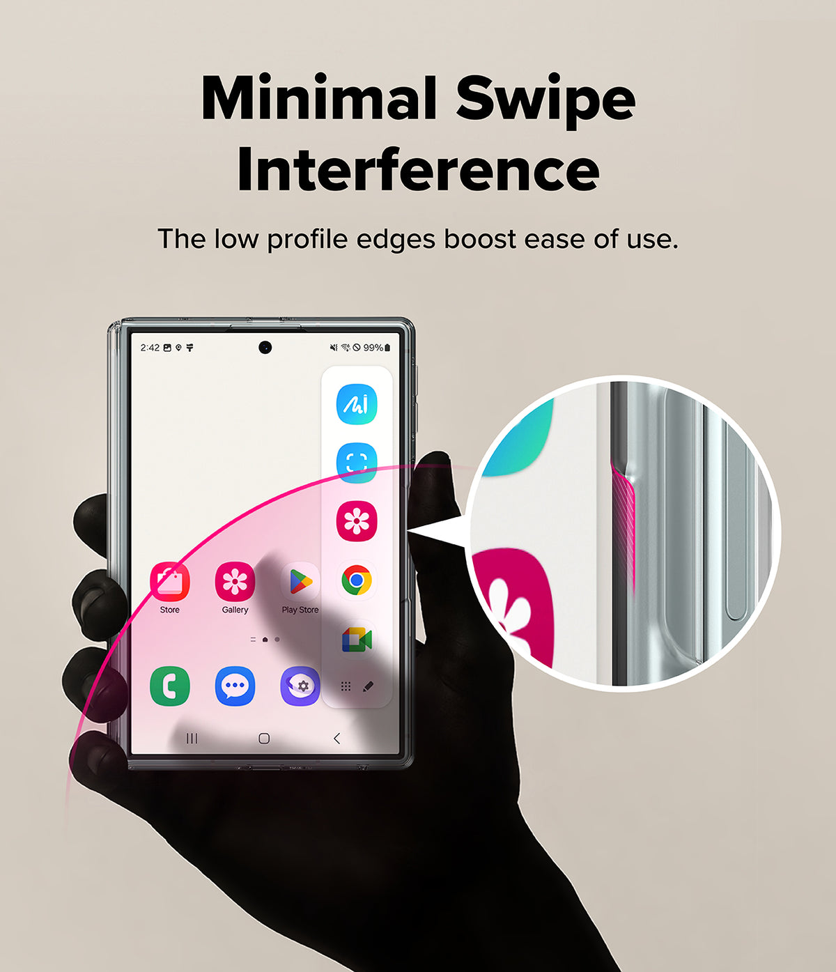 Galaxy Z Fold 8 | Fusion Air Flap Magnetic + Camera - A hand holds a smartphone to demonstrate a clear, low-profile edge screen protector. The graphic includes text reading 'Minimal Swipe Interference' and a circular inset showing the pink screen protector edge peeling back from the phone's side.