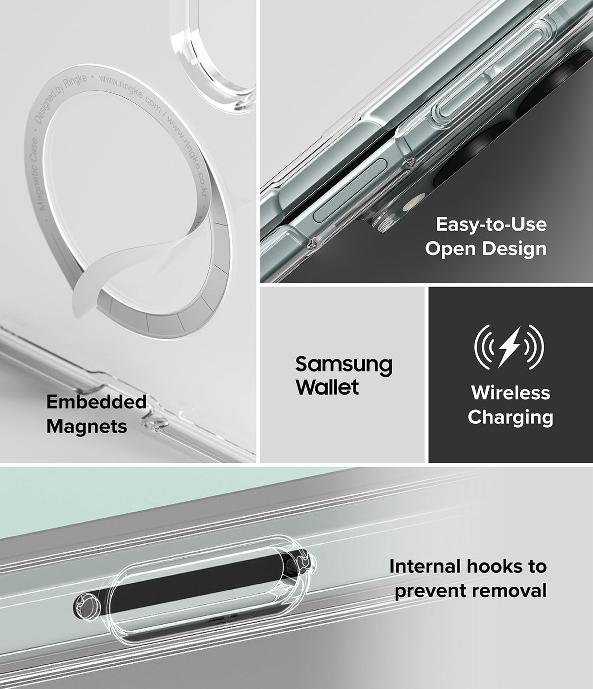 Galaxy Z Fold 8 | Fusion Air Flap Magnetic + Screen & Camera - A clear phone case with a built-in magnetic ring and wireless charging feature, shown in a four-panel feature graphic. Text highlights 'Embedded Magnets', 'Samsung Wallet', 'Wireless Charging', and 'Easy-to-Use Open Design', with close-up views of the transparent case and internal magnetic hook.