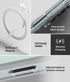 Galaxy Z Fold 8 | Fusion Air Flap Magnetic + 360° Privacy - A clear phone case with a built-in magnetic ring and wireless charging feature, shown in a four-panel feature graphic. Text highlights 'Embedded Magnets', 'Samsung Wallet', 'Wireless Charging', and 'Easy-to-Use Open Design', with close-up views of the transparent case and internal magnetic hook.