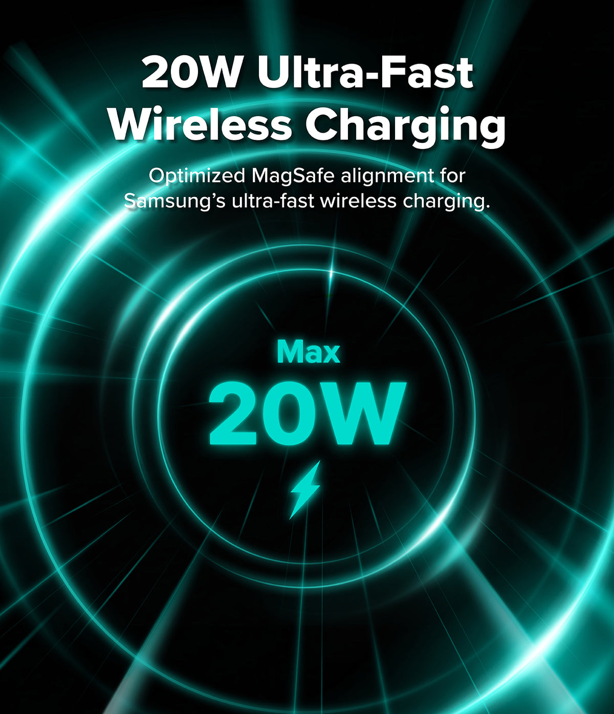 Galaxy Z Fold 8 | Fusion Air Flap Magnetic + 360° Privacy & Camera - Promotional graphic for 20W ultra-fast wireless charging, with glowing teal circular rings and text reading '20W Ultra-Fast Wireless Charging' and 'Max 20W' on a black background.