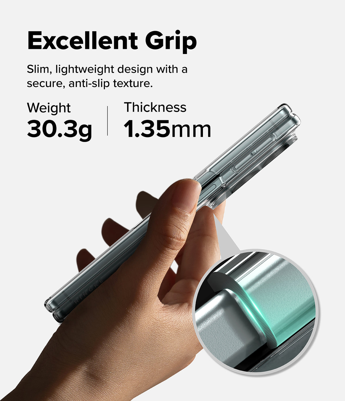 Galaxy Z Fold 8 | Fusion Air Flap Magnetic + Camera - A hand holds a slim metallic silver phone case against a light gray background, with text reading 'Excellent Grip' and product specs including weight 30.3g and thickness 1.