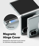 Galaxy Z Fold 8 | Fusion Air Flap Magnetic + 360° Privacy & Camera - Transparent magnetic hinge cover shown fitted around a foldable smartphone, with a circular inset highlighting the magnetic detail and text reading 'Magnetic Hinge Cover' on a light gray background.