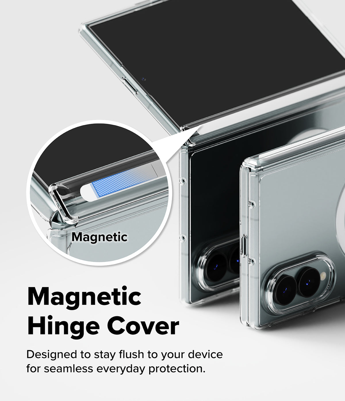 Galaxy Z Fold 8 | Fusion Air Flap Magnetic + Camera - Transparent magnetic hinge cover shown fitted around a foldable smartphone, with a circular inset highlighting the magnetic detail and text reading 'Magnetic Hinge Cover' on a light gray background.