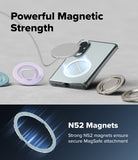 Galaxy Z Fold 8 | Fusion Air Flap Magnetic + Screen & Camera - A clear magnetic phone case with a built-in circular MagSafe ring, shown attached to a smartphone on a light gray surface. The image includes marketing text reading 'Powerful Magnetic Strength' and 'N52 Magnets Strong N52 magnets ensure secure MagSafe attachment,' plus separate views of the ring in pastel and metallic colors.