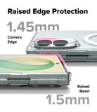Galaxy Z Fold 8 | Fusion Air Flap Magnetic + 360° Privacy & Camera - Transparent phone case with raised edges shown on a smartphone, with text highlighting 1.45mm camera edge protection and 1.
