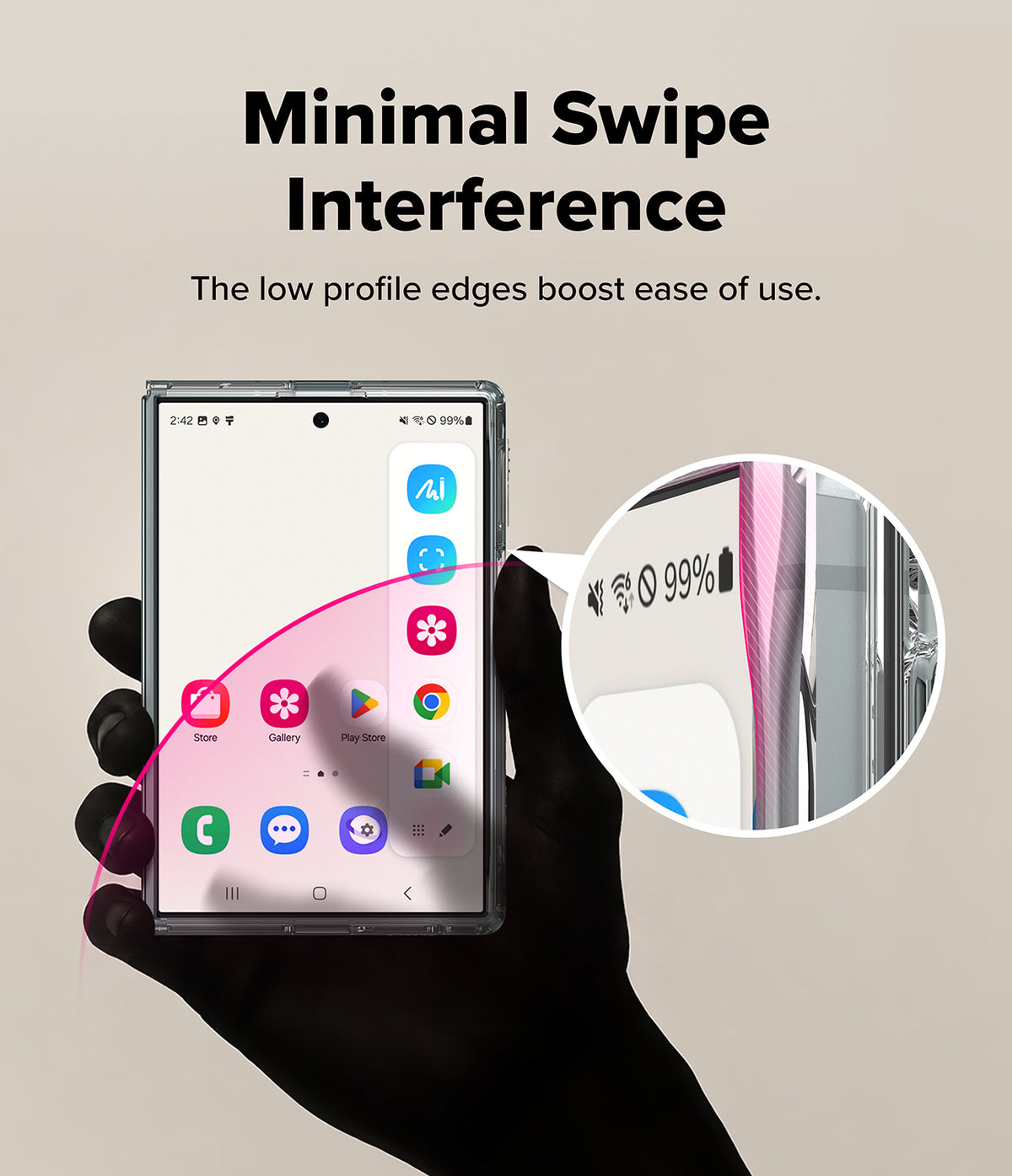 Galaxy Z Fold 8 | Fusion - A hand in a black glove holds a smartphone showing a clear screen protector with a minimal curved edge. Text at the top reads 'Minimal Swipe Interference' with a smaller subtitle about low-profile edges, and a circular inset shows the edge profile on a phone case.