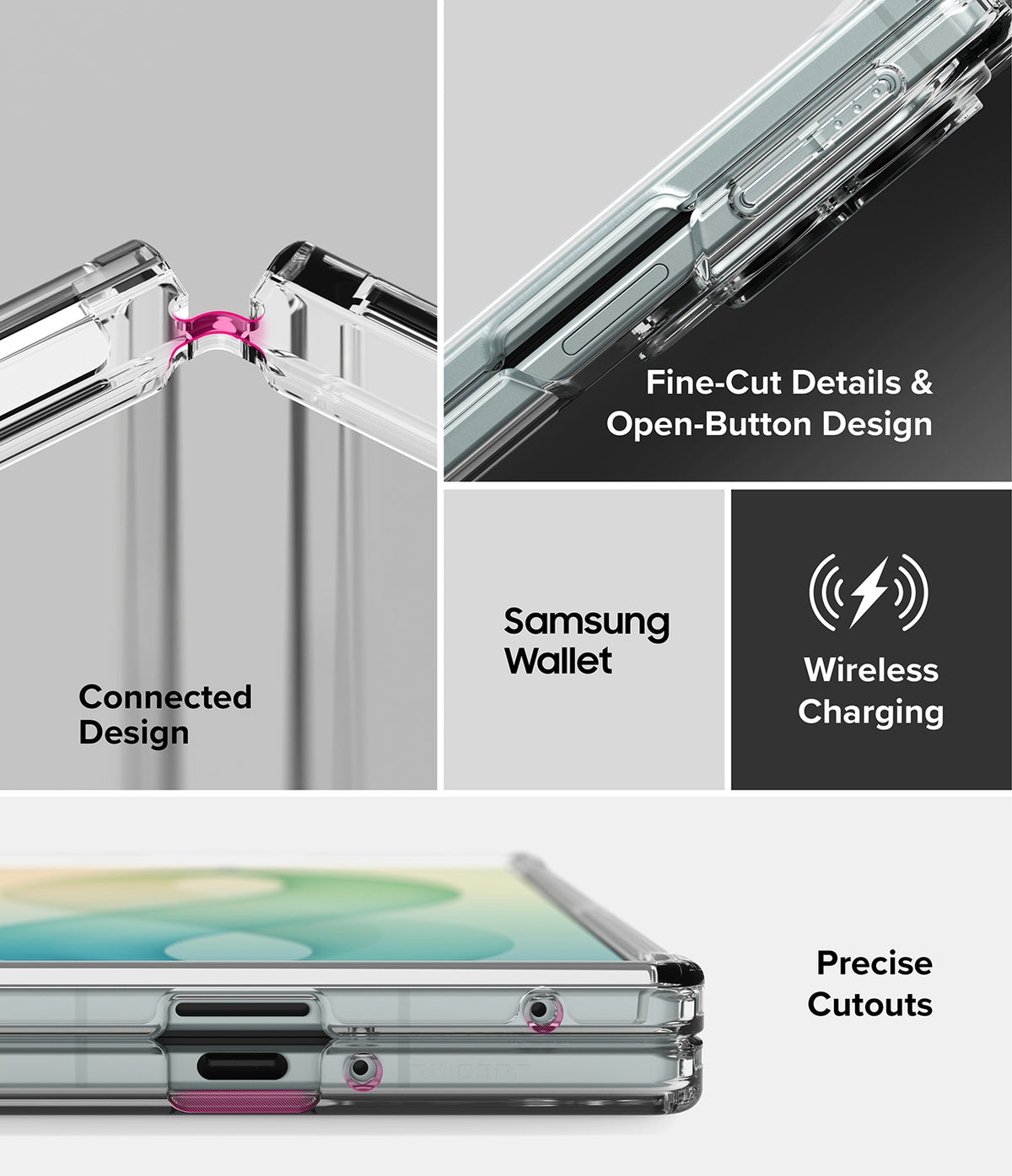 Galaxy Z Fold 8 | Fusion - A clear protective phone case with a built-in magnetic Samsung Wallet, shown in a multi-panel infographic highlighting its features: connected design, fine-cut details, wireless charging, and precise cutouts.