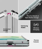 Galaxy Z Fold 8 | Fusion - A clear protective phone case with a built-in magnetic Samsung Wallet, shown in a multi-panel infographic highlighting its features: connected design, fine-cut details, wireless charging, and precise cutouts.