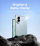 Galaxy Z Fold 8 | Fusion - A clear protective phone case shown on a smartphone, standing on dark rocks against a bright blue sky. White text at the top reads 'Brighter & Better Clarity' with smaller supporting copy, and small disclaimer text appears near the bottom.