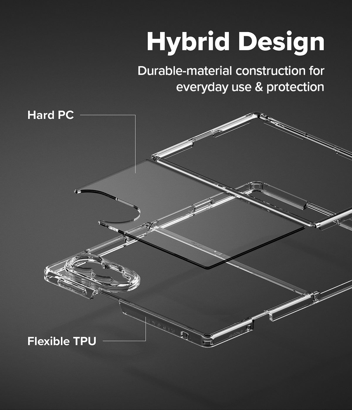 Galaxy Z Fold 8 | Fusion - Transparent phone case diagram showing a hybrid design with Hard PC and Flexible TPU layers, labeled on a dark gray background with the text 'Hybrid Design' and 'Durable-material construction for everyday use & protection'.