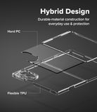 Galaxy Z Fold 8 | Fusion - Transparent phone case diagram showing a hybrid design with Hard PC and Flexible TPU layers, labeled on a dark gray background with the text 'Hybrid Design' and 'Durable-material construction for everyday use & protection'.