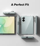Galaxy Z Fold 8 | Fusion - A clear, transparent protective case shown on multiple angles of a silver smartphone, with the text 'A Perfect Fit' at the top. The image displays the front screen, side profile, back cover, and folded states of the phone in the case against a clean, light gray background.