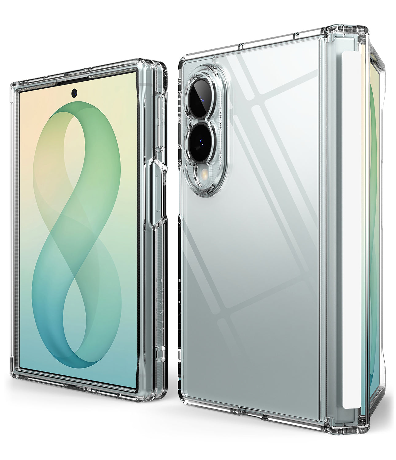 Galaxy Z Fold 8 Case | Fusion Flap - A clear protective case shown on a foldable smartphone, displayed from the front and back against a clean white background.