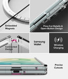 Galaxy Z Fold 8 | Fusion Magnetic - A multi-panel feature graphic for a transparent phone case. The panels show close-ups of the case with text callouts for 'Embedded Magnets,' 'Fine-Cut Details & Open-Button Design,' 'Connected Design,' 'Wireless Charging,' and 'Precise Cutouts.