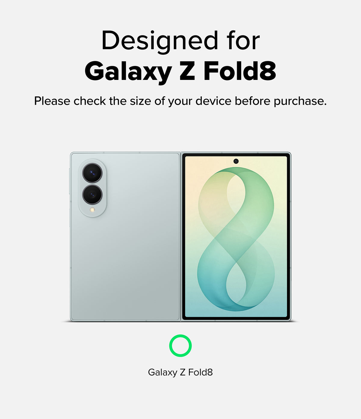 Galaxy Z Fold 8 | Fusion Magnetic - A promotional graphic for a smartphone listing stating 'Designed for Galaxy Z Fold8' with a note to check the size of the device before purchase. The image shows a silver phone from the back and front, plus a green circle icon and the text 'Galaxy Z Fold8' on a light gray background.