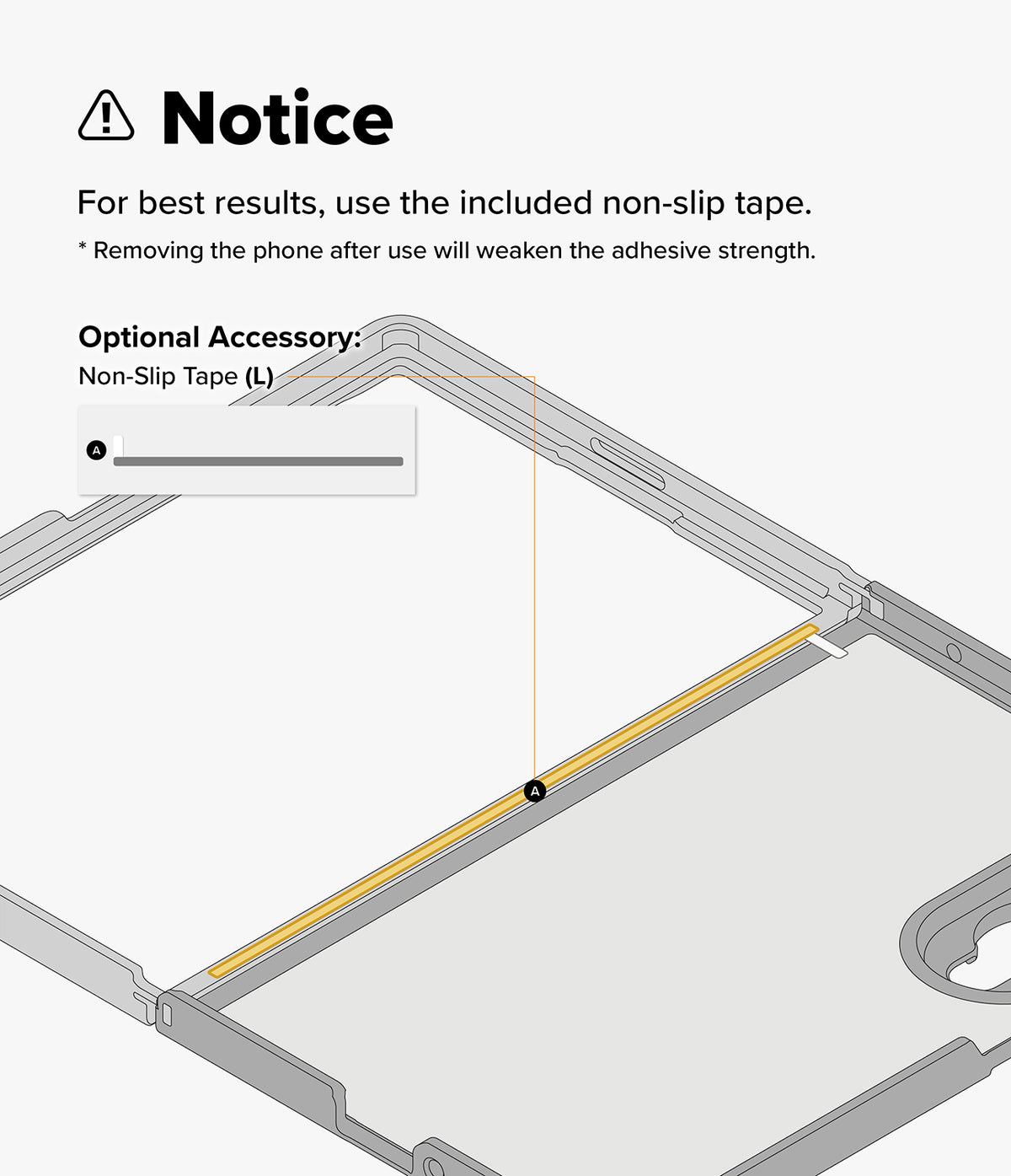 Galaxy Z Fold 8 | Fusion Magnetic - Instruction graphic showing a phone case with a highlighted strip of non-slip tape along the edge, plus text noting that the included non-slip tape should be used and that optional non-slip tape is included.