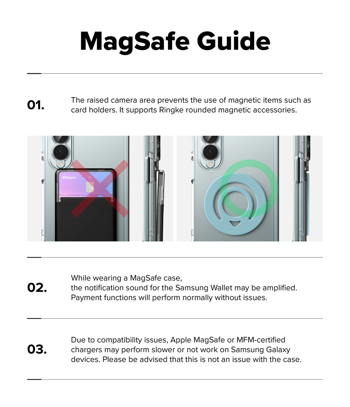Galaxy Z Fold 8 | Fusion Magnetic - A printed or digital MagSafe guide with three numbered sections on a white background. The title 'MagSafe Guide' appears at the top.