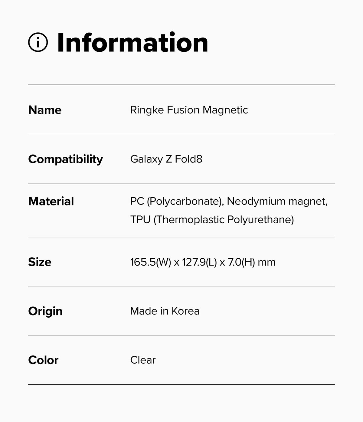 Galaxy Z Fold 8 | Fusion Magnetic - An information card detailing the specifications of a Ringke Fusion Magnetic accessory for Galaxy Z Fold8. The card lists the product name, compatibility, materials (PC, Neodymium magnet, TPU), dimensions, origin, and color as 'Clear'.