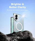 Galaxy Z Fold 8 | Fusion Magnetic - A clear protective phone case with a circular MagSafe ring is shown on a smartphone, standing on dark rocks against a bright blue sky. White text at the top reads 'Brighter & Better Clarity' and small text at the bottom mentions environmental factors affecting clarity.