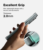 Galaxy Z Fold 8 | Fusion Magnetic - A hand holds a slim transparent phone case against a light gray background, with text reading 'Excellent Grip' and 'Thickness 2.0mm,' plus a circular inset showing the case edge detail.