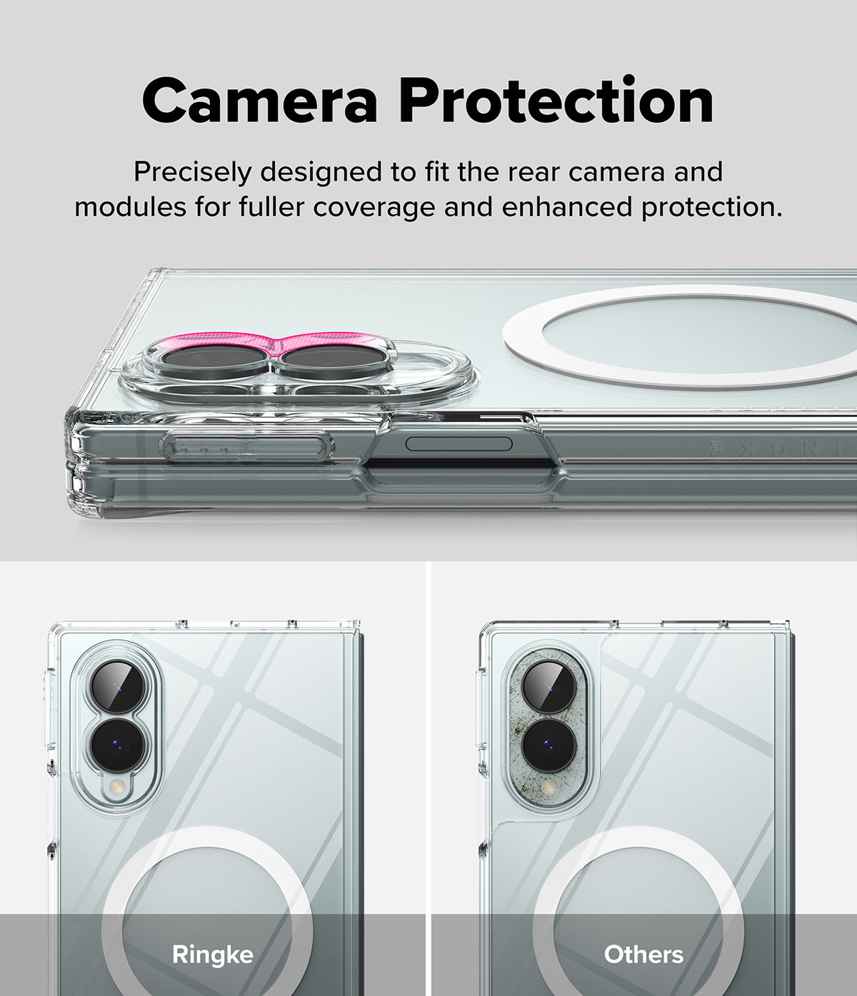 Galaxy Z Fold 8 | Fusion Magnetic - Clear phone case with a circular MagSafe ring and camera protection, shown on a phone with text reading 'Camera Protection' and comparison labels 'Ringke' and 'Others'.