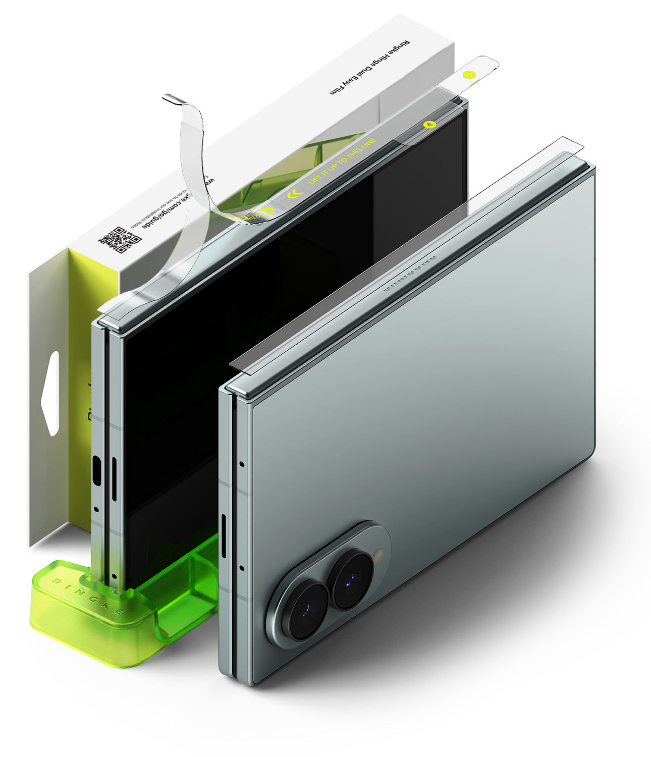 Galaxy Z Fold 8 Hinge Protector | Hinge Dual Easy Film (2 Pack) - A folding smartphone shown in an exploded, layered presentation with its screen partially open, transparent protective film pieces, a bright green stand, and part of the retail box visible on a clean white background.
