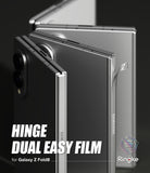 Galaxy Z Fold 8 Hinge Protector | Hinge Dual Easy Film (2 Pack) - A promotional render showing a Samsung Galaxy Z Fold8 foldable phone with a transparent hinge film applied, alongside marketing text reading 'HINGE DUAL EASY FILM for Galaxy Z Fold8' and a Ringke logo.