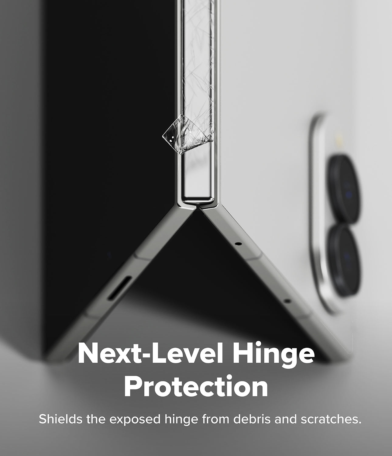 Galaxy Z Fold 8 Hinge Protector | Hinge Dual Easy Film (2 Pack) - Close-up of a foldable smartphone hinge with protective clear cover and text overlay reading 'Next-Level Hinge Protection' and 'Shields the exposed hinge from debris and scratches.'.
