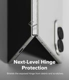 Galaxy Z Fold 8 Hinge Protector | Hinge Dual Easy Film (2 Pack) - Close-up of a foldable smartphone hinge with protective clear cover and text overlay reading 'Next-Level Hinge Protection' and 'Shields the exposed hinge from debris and scratches.'.