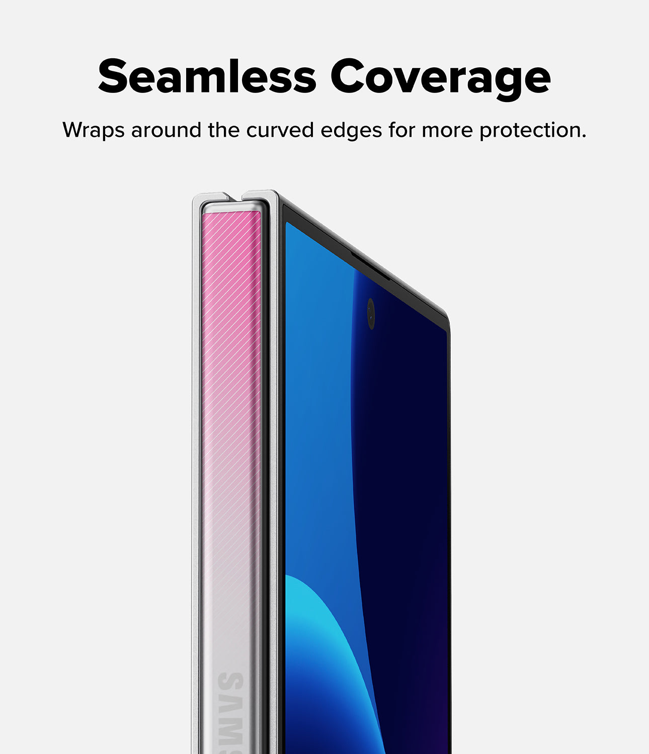 Galaxy Z Fold 8 Hinge Protector | Hinge Dual Easy Film (2 Pack) - A smartphone shown at an angle with a pink-to-silver gradient protective bumper wrapping around the curved edge, with the text 'Seamless Coverage' above on a light gray background.