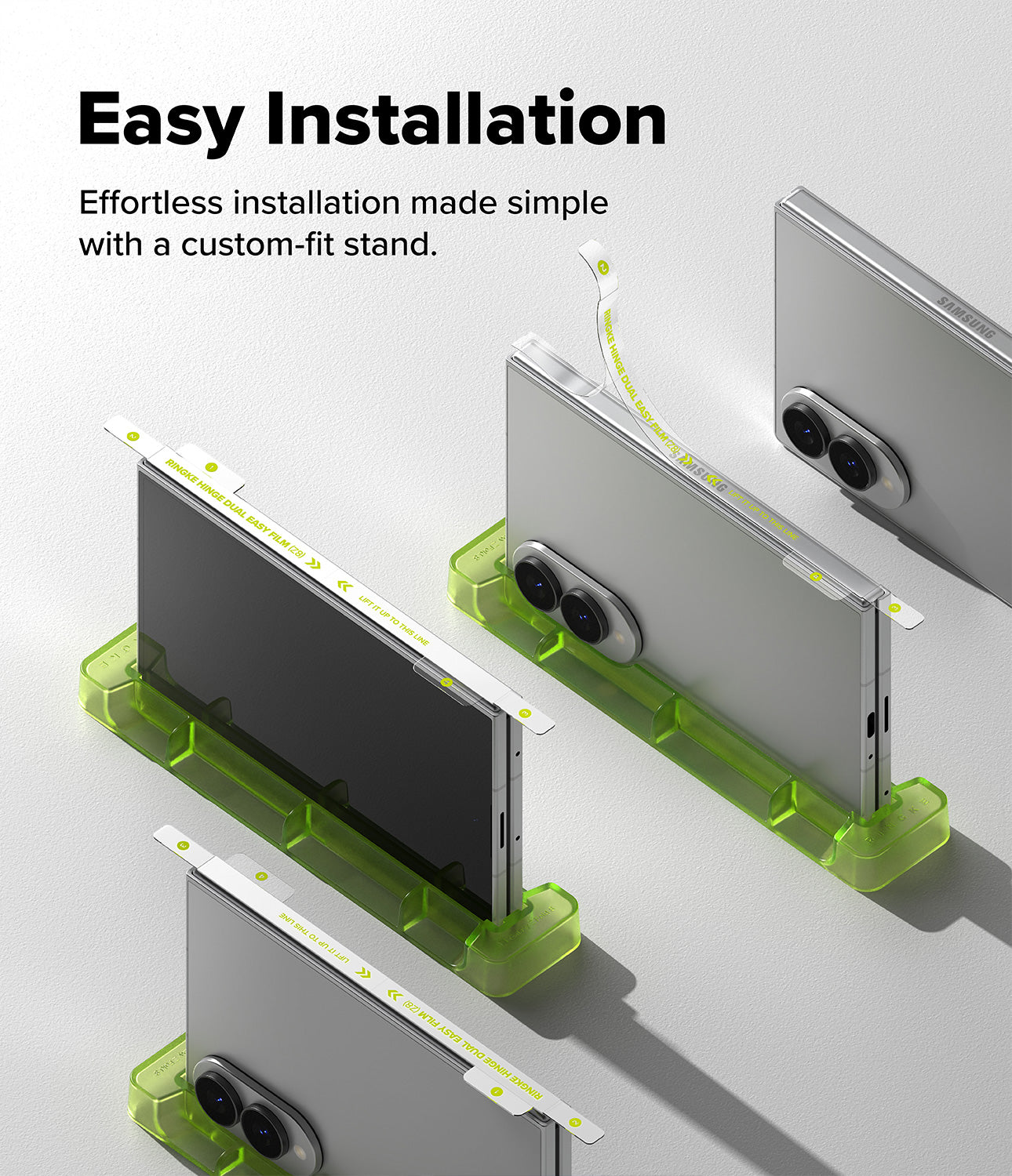 Galaxy Z Fold 8 Hinge Protector | Hinge Dual Easy Film (2 Pack) - Three smartphones shown in different angles with bright translucent green custom-fit phone stands on a light gray background. Large text at the top reads 'Easy Installation' with smaller text below about effortless installation made simple with a custom-fit stand.