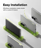 Galaxy Z Fold 8 Hinge Protector | Hinge Dual Easy Film (2 Pack) - Three smartphones shown in different angles with bright translucent green custom-fit phone stands on a light gray background. Large text at the top reads 'Easy Installation' with smaller text below about effortless installation made simple with a custom-fit stand.
