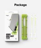 Galaxy Z Fold 8 Hinge Protector | Hinge Dual Easy Film (2 Pack) - Ringke Hinge Dual Easy Film packaging set on a light gray background, featuring the retail box, a translucent lime green hinge protector, and two white adhesive film strips with printed instructions.
