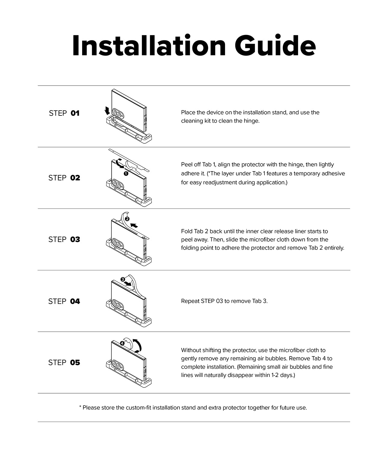 Galaxy Z Fold 8 Hinge Protector | Hinge Dual Easy Film (2 Pack) - An installation guide sheet with five labeled steps (STEP 01 to STEP 05) showing illustrated diagrams of how to peel off and apply a protective film to a device, on a white background with black text.