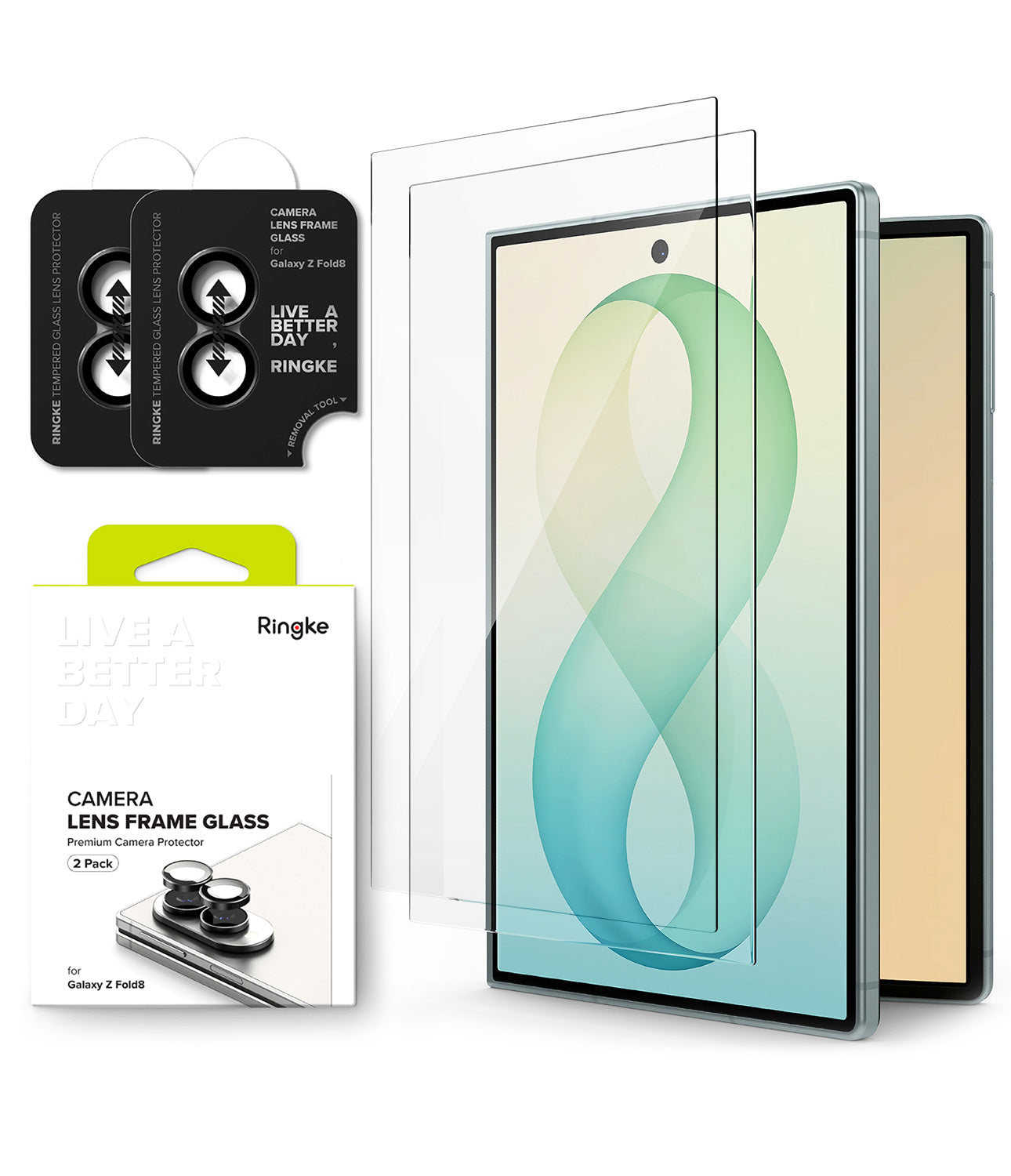 [Bundle] Galaxy Z Fold 8 | Screen + Camera Protectors - Ringke camera lens frame glass screen protectors shown with two clear tempered glass protectors floating over a smartphone and the retail packaging on a white background.