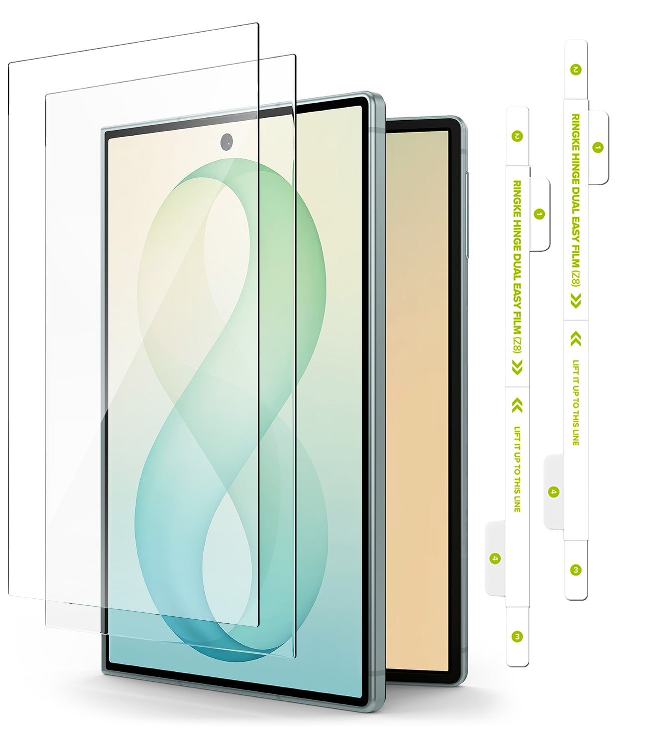 [Bundle] Galaxy Z Fold 8 | Screen + Hinge Protectors - Two clear tempered glass screen protectors shown partially covering a tablet, with a vertical strip of included adhesive strips on the right labeled for easy film application.