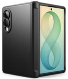 Galaxy Z Fold 8 Case | Onyx Flap - A black textured protective case for a foldable smartphone, shown from the back and side with the screen turned on displaying a green and blue abstract wallpaper.