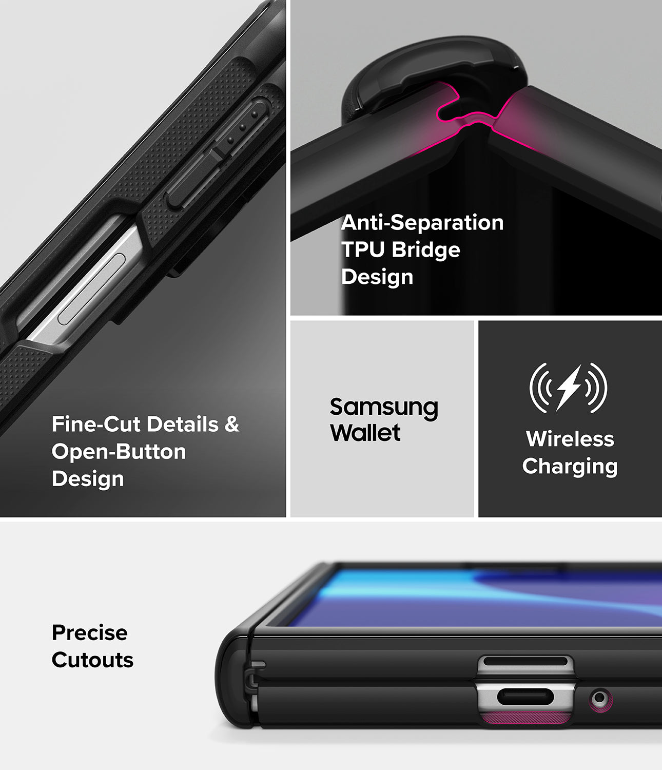 [Bundle] Galaxy Z Fold 8 | Onyx Flap (BK) + Screen Protectors (2P) - A Samsung Galaxy phone case shown in a multi-panel feature graphic. The collage highlights the black textured outer shell, a TPU anti-separation bridge, precise cutouts, and compatibility with a Samsung Wallet and wireless charging.